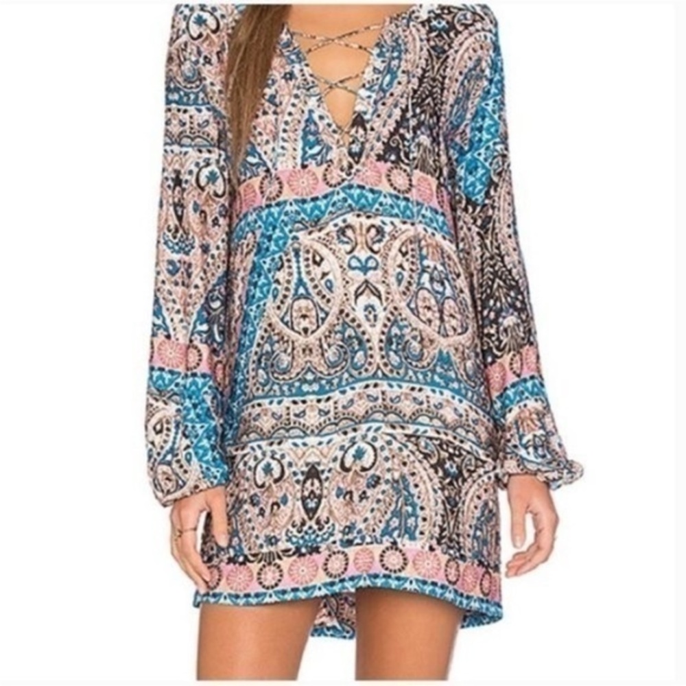 AUGUSTE BOHO LONG SLEEVE PAISLEY PRINT PINK BLUE SHIFT GYPSIE FLOWY TUNIC DRESS